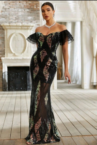 E096 Black Patterned with See through Skirt